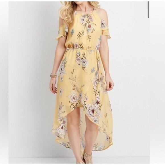 Floral Hi Low Cold Shoulder Maxi Dress Womens Medium M Butter Yellow Boho Flowy - Picture 1 of 16